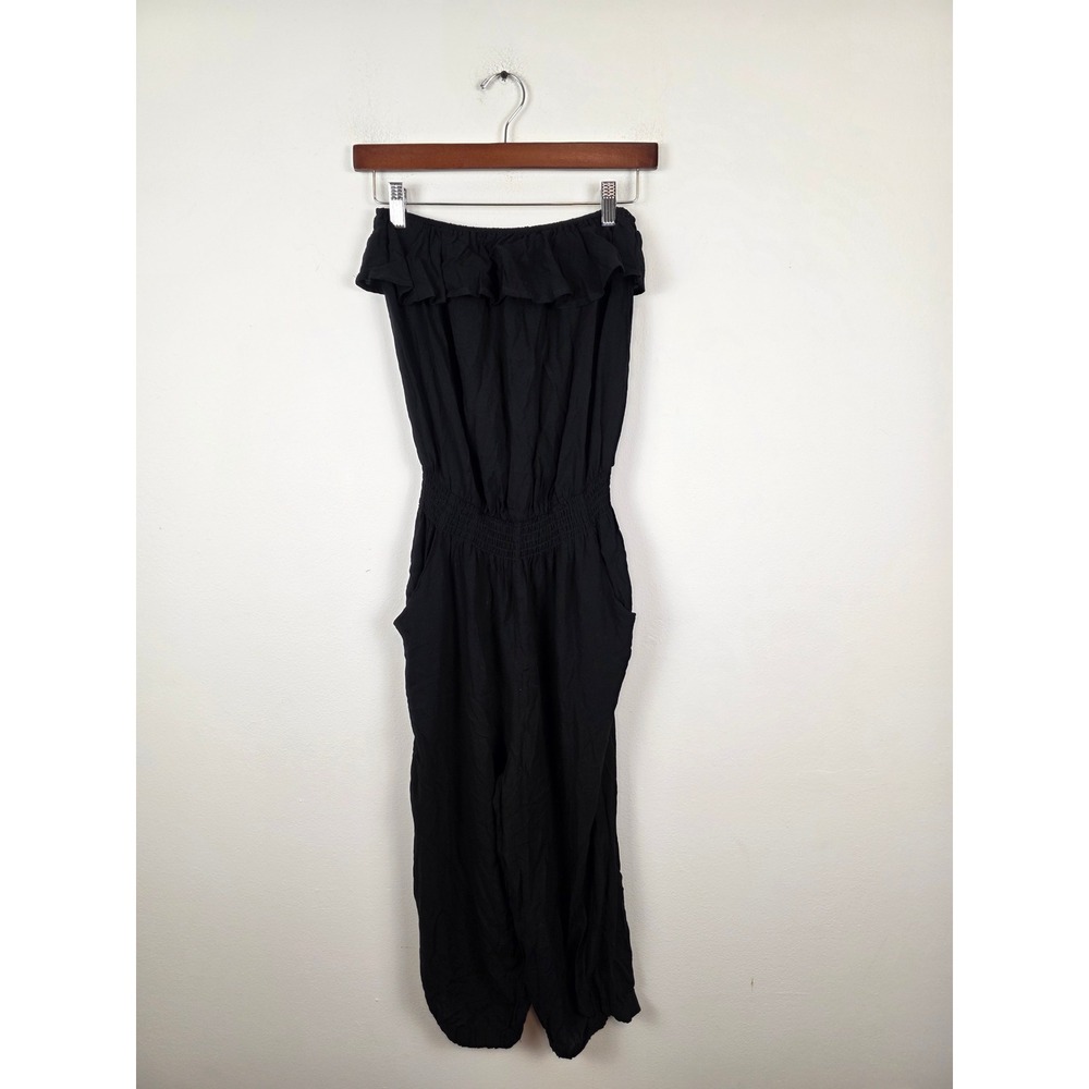 Poetry Black Strapless‎ Ruffle Smocked Waist Rayon Jumpsuit Size M 4514G1R